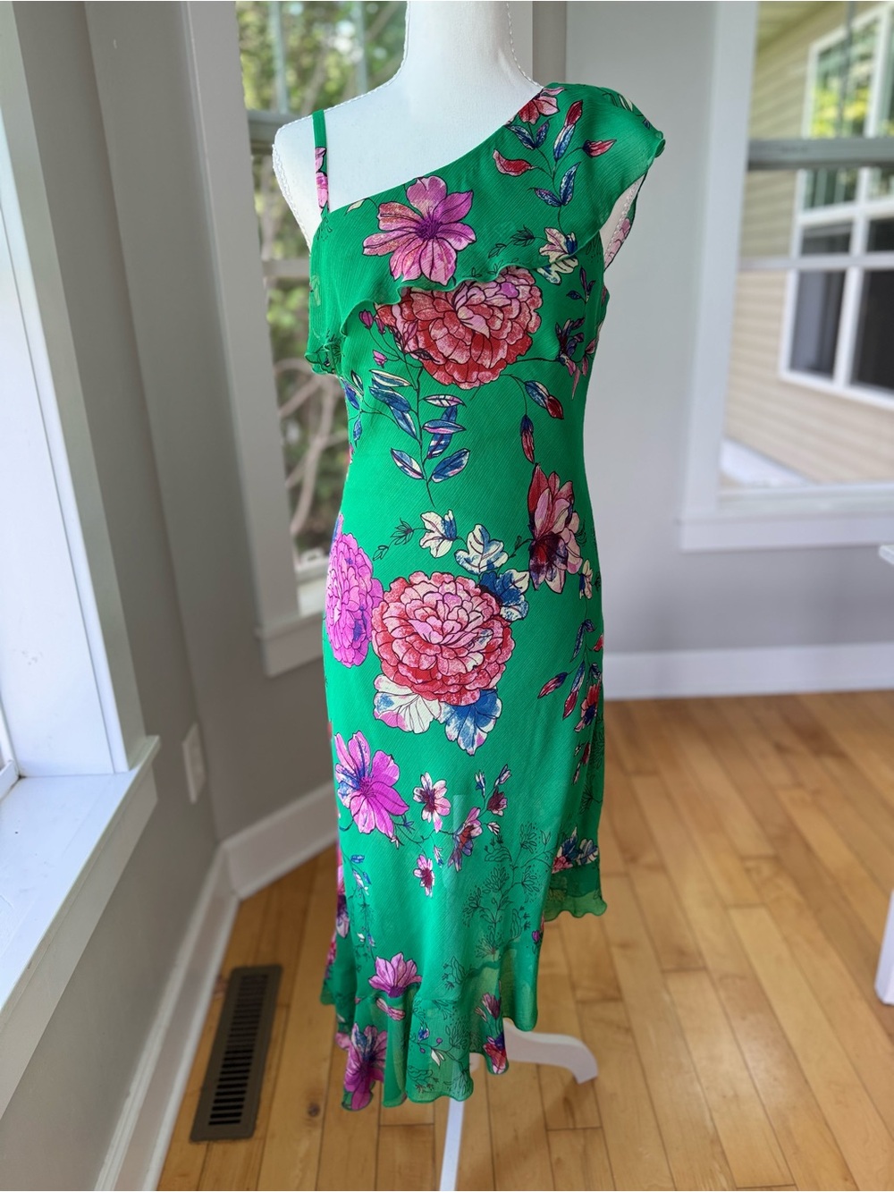 Roz & Ali Emerald Green Floral Asymmetrical One Shoulder Dress Size 6